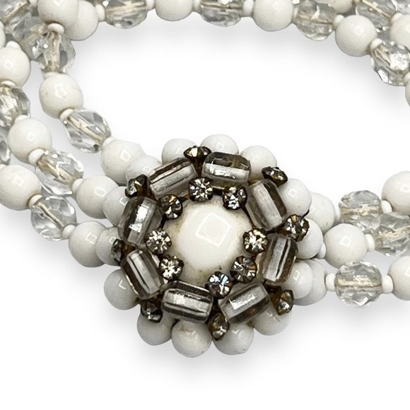 Vtg White Milk Glass & Faceted Crystal Bead Multi-Strand Bracelet w/Fancy Clasp - Picture 2 of 8